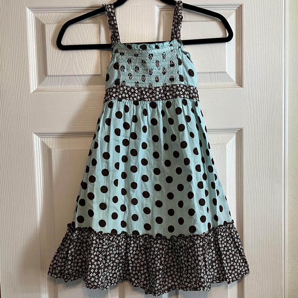 Justice Girls size 8 XS Aqua light blue Brown Polka Dots smocked Sash waist tie